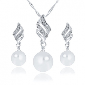 Jewelry Set Faux Pearl Silver Plated Christmas Birthday Necklace and Earring Sets for Women Girl Clear CZ