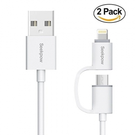2-in-1 Lightning and Micro USB Cable [2-Pack] for iPhone and Android, Seekpow 8-Pin Lightning & Micro to USB Date Wire for iPhone 5 6 7 Plus SE, iPad Mini Air iPod, Samsung and More -White(3.3FT)