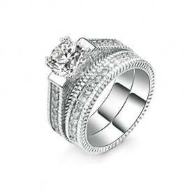 2pcs Womens Wedding Engagement Bands Ring Sets 18K White Gold Plated Princess Cut Eternity Solitaire CZ Crystal Best Anniversary Promise Rings (8)