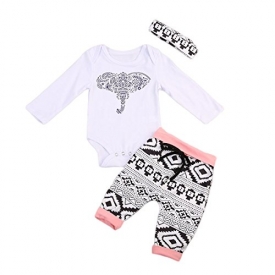 3Pcs/Set Newborn Baby Girl Boy Long Sleeve Elephant Bodysuit + Geometric Pants + Headband Outfit Clothes (0-3 Months, 2-Day Shipping)