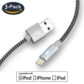 IPhone Charger, I-Bollon 3Pack 3FT Nylon Braided 8 pin Lightning cable certified to charging Cable with charging indictor for iPhone X/8/8 plus/5/5C/5S/6S/6S PLUS/7/7 plus/, iPad Air, and more(Grey)