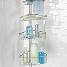 mDesign Bathroom Shower Storage Tension Caddy for Organizing and Containing Soap, Shampoo, Conditioner, Body Wash, Lotion, Wash Cloths, Razors, Foot Scrubbers, Loofahs, Pumice Stones – Satin