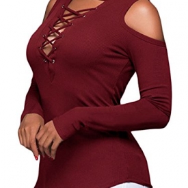 TWIPPO Womens Cut Out Shoulder Top Long Sleeve Vneck Blouse Shirts Burgundy S