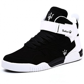 QANSI Mens Performance Leather High Top Lace Up Street Sneakers Outdoor Sports Shoes Black/White 9 M US