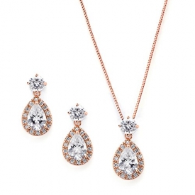 Mariell Rose Gold CZ Pear Shaped Necklace and Earrings Set – Great Wedding Jewelry for Brides & Bridesmaids