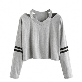 Keepfit Fashion Crop Tops, Striped Sweatshirt Causal Cut Out Shoulder Blouse For Women (M, Gray)