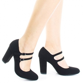 City Classified Curt Black Comfort Padded Insole Double Buckle Mary Jane Dress Pump, Chunky Block Heel -6