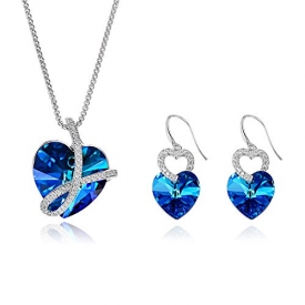 Valentines Day Gifts Jewelry Set Love Heart Sapphire Crystals From SWAROVSKI Jewelry for Mom Women Lady Girl Necklace & Earrings Anniversary
