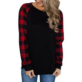 Paymenow Women Blouse, New Lattice Long Sleeve Splice Sweatshirt Pullover Tops Shirt (XL, Black)