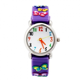 3D Lovely Cartoon Children Watch Silicone Strap Waterproof Digital Round Quartz Wristwatches Time Teacher Gift for Girls Boys Kids (Purple(butterfly))