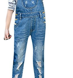 Girls Big Kids Cute Long Distressed Denim Overalls Blue Jeans BF Style Suspender Shortall 140 Blue