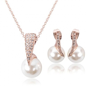 Elegant Rose Gold Pearl Necklace Drop Earrings Sets 丨Crystal jewelry Set for Wowen Wedding Bridal Party (rose gold + pearl)