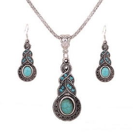 DOOPOOTOO 1 X Fashion Womens Retro Turquoise Rhinestone Earrings Necklace Jewelry Set