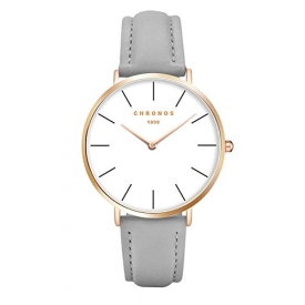 Simple Women Men Quartz Watch PU Leather Strap Ladies Gentlemen Dress WristWatch, Grey-Rose Gold