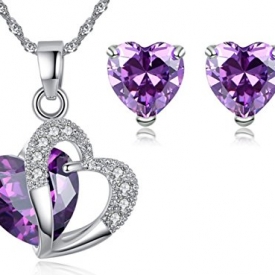 3 Ct. Created Amethyst with Rhinestones Heart Silver Jewelry Set “Forever Love” Crystal Earrings Pendant Necklace- Great Christmas Birthday Anniversary Mothers Day Valentines Gifts for Mom Wife