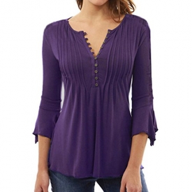 FAPIZI Women Blouse Clearance Fashion Autumn Flare 3/4 Sleeve Casual Solid Color Slim V Neck Buttons Tops Shirt (Purple, 3XL)