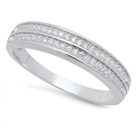 925 Sterling Silver Nickel-Free Double Cubic Zirconia Inlay 4.4mm Wedding Band, Size 10 + Cleaning Cloth