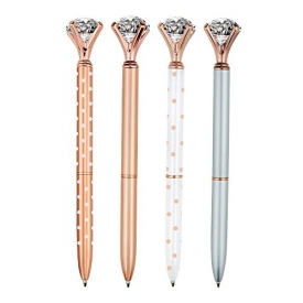 4 Pcs Rose Gold Pen with Big Diamond/Crystal,Metal Ballpoint Pen,Rose Gold White and Silver,School and Office Supplies,Black Ink