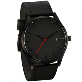 Han Shi Mens Quartz Wristwatch, Fashion Popular Low Key Minimalist connotation Leather Clock (L, Black-A)