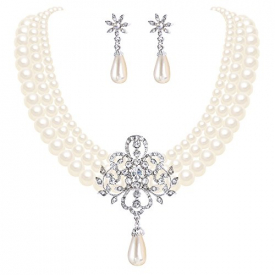 EleQueen Women’s Silver-tone Simulated Pearl Crystal Victorian Style Flower Bridal Jewelry Set Ivory Color