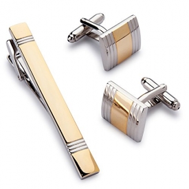 Two Tone Golden Cufflink and Tie-Clip Set in Gift Box-Timeless Design-Classic and Fashionable Gift