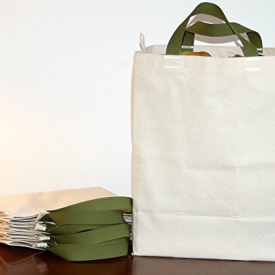 Turtlecreek Cotton Canvas Reusable Grocery Tote Bags – Short Green Handles – Regular Size – 5 Pack