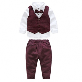 JIANLANPTT Gentleman Casual Suits Baby Boys Vest Pants Shirt Party Wedding Clothes Set Burgundy Red 100(2-3Y)
