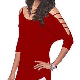 Women’s Casual Loose Hollowed Out Shoulder Three Quarter Sleeve Shirts,S,Red
