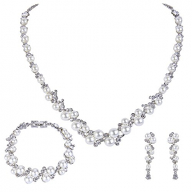 EVER FAITH Simulated Pearl Crystal Bridal Necklace Earrings Bracelet Set Silver-Tone Ivory Color