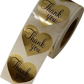 THANK YOU STICKERS Pack of 500 – GOLD PREMIUM Easy-pull GORGEOUS LOVE Shaped Adhesive Foil Sticker. Kraft Paper Roll of Hearts Love Shiny Gold Labels, Gift / Wedding / Holiday Black Thank You Writing
