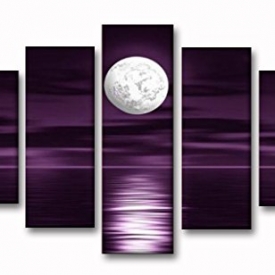 Unixtyle 100% Hand Painted Oil Painting on Canvas Purple Skyline Sea White Full Moon Night Wood Framed Landscape Wall Art Painting Abstract Home Decoration 5 Pcs/set