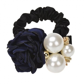Tenworld Women Girl Pearls Beads Rose Flower Hair Band Rope Scrunchie Ponytail Holder (Navy)