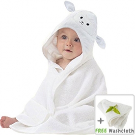 Organic Bamboo Baby Hooded Towel with Bonus Washcloth | Ultra Soft and Super Absorbent Toddler Hooded Bath Towel with Cute Lamb Face Design | Great Infant/Newborn Shower Present for Boy or Girl