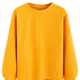 ROMWE Women’s Ribbed Round Neck Drop Shoulder Batwing Long Sleeve Sweatshirt Yellow One-Size