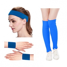 KIMBERLY S KNIT Women 80s Neon Pink Running Headband Wristbands Leg Warmers Set (Free, Blue)