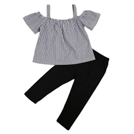 Kids Toddler Baby Girls Off Shoulder Striped T-shirt Tops+Pants Outfit Set (2-3 Years, Stripe+Black)