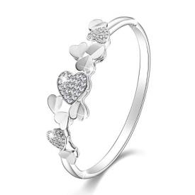 Valentines Gifts Menton Eizl 18K White Gold Plated “Heart By Heart” CZ Diamonds Accent Bangle Bracelets Jewelry for Women Love Design