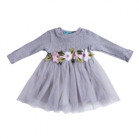 Toddler Kids Girls Fall Jersey Dress Long Sleeve Floral Tulle Cap Tutu Dresses Outfit (9-18months, Grey)