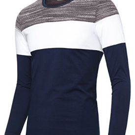 KAIUSI Men’s Contrast Color Crew Neck Long Sleeve Casual T-shirt Top Large Blue
