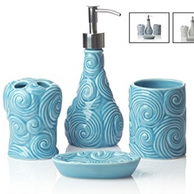 Designer – 4 Piece Bathroom Accessories Set | With Soap or Lotion Dispenser, Toothbrush Holder, Tumbler and Soap Dish | Glossy Finish | Porcelain (Ocean Waves, Aqua Blue)
