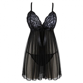 Grebrafan Women’s Sexy Lingerie Lace Sleepwear Babydoll V-String Miniskirt (US(14-16) 3XL, Black)