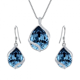 EVER FAITH 925 Sterling Silver CZ Twist Teardrop Adjustable Pendant Necklace Earrings Set Denim Blue Adorned with Swarovski crystals