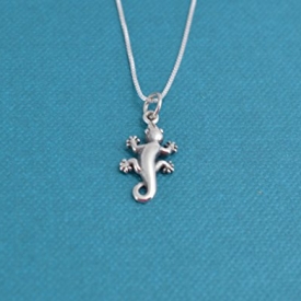 Little girls gecko necklace in sterling silver on a 14 sterling silver box chain. Little girls jewelry. Little girls necklace. Lizard.