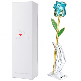 DEFAITH Pearl Teal Blue Fresh Cut 24K Gold Rose w/Stand – Great Valentines Day / Anniversary / Mothers Day / Birthday Gift for Her Women Mom Wife Girlfriend