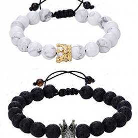 Couple Bracelets Distance Bracelets YinYang Labrador White and Black Agate Gemstone for lovers (2pcs) (adjustable)