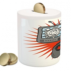 Boy’s Room Piggy Bank by Lunarable, Video Games Themed Design in Retro Style Gamepad Console Entertainment, Printed Ceramic Coin Bank Money Box for Cash Saving, Orange Grey White