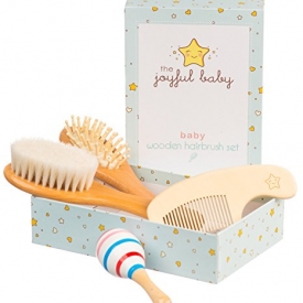 Wooden Baby Brush Set: 4-Pack Set of Natural Goat Hair Bristles Brush + Wooden Bristles Brush + Comb + Wooden Toy | For newborns and toddlers | Perfect Baby Shower Gift by The Joyful Baby
