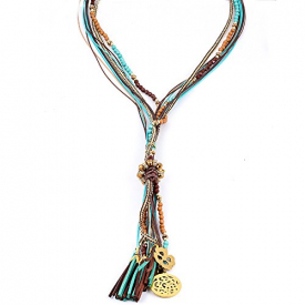 Monily Layer Bohemian Tassel Pendant Necklace Colorful Beads Leather Handmade Long Sweater Chain Necklace Woman Jewelry