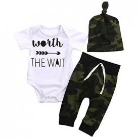 3PCS Newborn Baby Boys Cute Letter Print Romper+Camouflage Pants+Hat Outfits Set (0-6 M, White)
