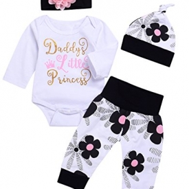Cute 4PCs Newborn Kids Baby Girl Daddy Little Princess Romper + Flowers Pants + Hat + Flower Headband Winter Outfit (White, 3-6Months)